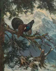 Erich Dichtl, Capercaillie at mating season, oil on canvas