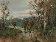 Adolf Kaufmann, Hunting party in the forest, oil on canvas