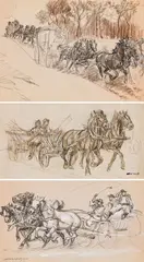 Ludwig Koch, mixed lot of 3 pieces: Horse-drawn carriages, 1922, chalk, India ink and opaque white on paper; unframed