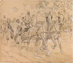 Ludwig Koch, Horse-drawn wedding carriage in the Viennese Prater, 1934, charcoal and opaque white on transparent paper on cardboard; unframed