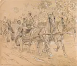 Ludwig Koch, Horse-drawn wedding carriage in the Viennese Prater, 1934, charcoal and opaque white on transparent paper on cardboard; unframed
