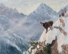 Chamoises in the mountains (Dremlspitze, Lechtal) by Karl Ritter von Dombrowski, oil on canvas, sold Dec 2020