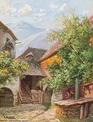 Karl Flieher, Alter Hof in Joching an der Donau. Wachau (farmstead in Joching at the Danube. Wachau region), mixed media on cardboard