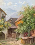Karl Flieher, Alter Hof in Joching an der Donau. Wachau (farmstead in Joching at the Danube. Wachau region), mixed media on cardboard