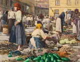 Johann Nepomuk Geller, Market scene, oil on cardboard