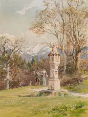 Edward Theodore Compton, At the wayside shrine, 1896, gouache on paper