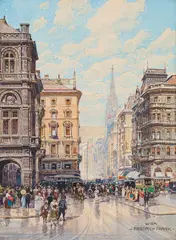 Friedrich Frank, Vienna, View across the Kärntnerstraße to St. Stephen's Cathedral, watercolour on paper