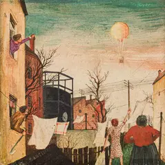 Otto Rudolf Schatz, Yard with air balloon, 1944, watercolour, casein tempera and japan on cardboard