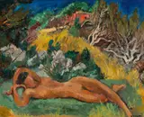 Willy Eisenschitz, Lying nude in landscape, c. 1950, oil on hardboard