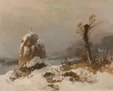 Oskar Mulley, Winter landscape with haystacks, 1945, oil on canvas