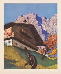 Alfons Walde, Mixed lot: Four prints ("Herbst in Tyrol", "Bergsommer", "Frühling in Tyrol", "Sommer in Tyrol"), c. 1951, colour graphic reproductions, unframed