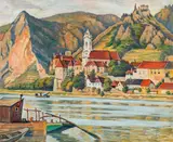 Wilhelm Kaufmann, View of Dürnstein at the Danube, oil on hardboard