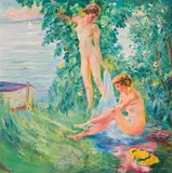 August Rieger, Two nudes on the lakeshore, oil on hardboard