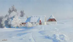 Max von Esterle, Farmhouse in winter, oil on cardboard