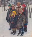 Children in winter landscape by Nikolaj Petrovich Bogdanov-Belsky, 1929, oil on canvas, sold Dec 2020