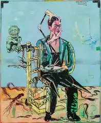 Peter Sengl, Mexican.Haarabschneidesitz (Kniespitzsitz), 1994, oil on canvas; framed