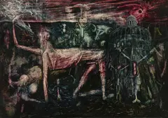 Ernst Fuchs, Temptation of Saint Anthony, 1949, mixed media on cardboard; framed