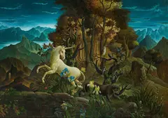 Peter Proksch, Landscape with panther and unicorn, 2006/07, oil, egg tempera on wood fibre; framed