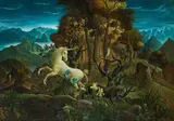 Peter Proksch, Landscape with panther and unicorn, 2006/07, oil, egg tempera on wood fibre; framed