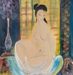 Lin Fengmian, Jeune femme nue assise, ink and colour on paper; framed