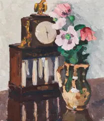 Still life with flower jug and table clock by Broncia Koller-Pinell, oil on canvas, sold Jun 2020