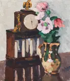 Broncia Koller-Pinell, Still life with flower jug and table clock