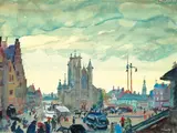 Oskar Laske, View of the St. Bavo cathedral in Ghent, 1937, gouache on paper