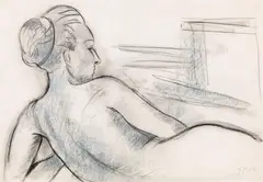 Joseph Floch, Lying female nude, charcoal, coloured chalk on paper
