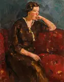 Anton Faistauer, Young woman in a red dress on a red couch (portrait of Ida, the artist's wife)