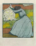 Max Kurzweil, Der Polster" (Martha Kurzweil sitting on the divan), 1903, colour woodcut on thin Japanese paper, on grey-brown cardboard; unframed