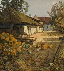 Josef Stoitzner, Farm house with pumpkins, Burgenland, c. 1935, oil on cardboard
