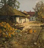 Josef Stoitzner, Farm house with pumpkins, Burgenland, c. 1935, oil on cardboard