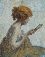 Lucien Boulier, Young woman with a mirror, oil on panel