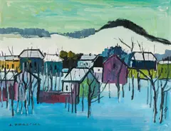 Stefan Praschl, Houses in winter, oil on cardboard