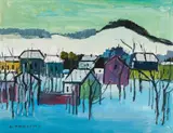 Stefan Praschl, Houses in winter, oil on cardboard