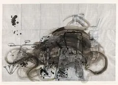 Bruno Gironcoli, Wattebehälter, metal powder paint, India ink and mixed media on paper; framed