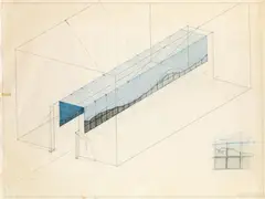 Walter Pichler, Blue tunnel, 1970, mixed media on paper; framed