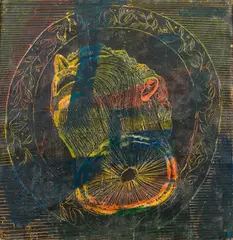 Hubert Schmalix, Bowl with the head of St. John the Baptist, 1984, mixed media on cardboard on canvas; framed