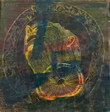 Hubert Schmalix, Bowl with the head of St. John the Baptist, 1984, mixed media on cardboard on canvas; framed