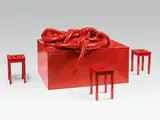 Zenita Komad, On the navel table, 2006, wood, latex varnish, mixed media, 4 stools