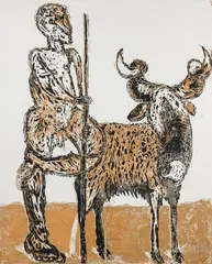 Shepherd with aries by Markus Lüpertz, coloured woodcut on paper; framed, offered Jun 2020