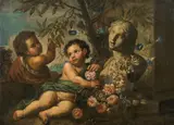 Karel van Vogelaer, Flower still life with putti and bust in a landscape, c. 1680/90, oil on canvas