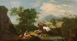 Francesco Zuccarelli, Landscape with equestrian and peasants with a heard of animals resting near a watering place