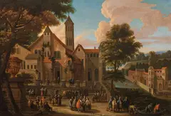 Mathys Schoevaerdts, City view with lively staffage, oil on canvas