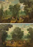 Johann Georg de Hamilton, Landscape with huntings scenes (counterparts), oil on panel