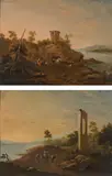 Norbert Joseph Karl Grund, Landscape with figure staffage and ancient ruins (counterparts), oil on panel