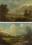 Landscapes with scenes of hunting, fishing and harvest (counterparts) by Johann Christian Brand, oil on copper, sold Jun 2020