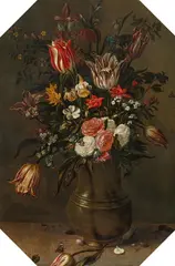 Andries Daniels, Bouquet of flowers with tulips, roses, daffodils, forget-me-nots amongst others in a metal jug, oil on panel