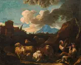 called Rosa Da Tivoli Philipp Peter Roos, Shepherds with sheep and cows making music, oil on canvas