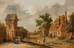 Thomas van Apshoven, Flemish village with farmers at work, oil on panel, parqueted